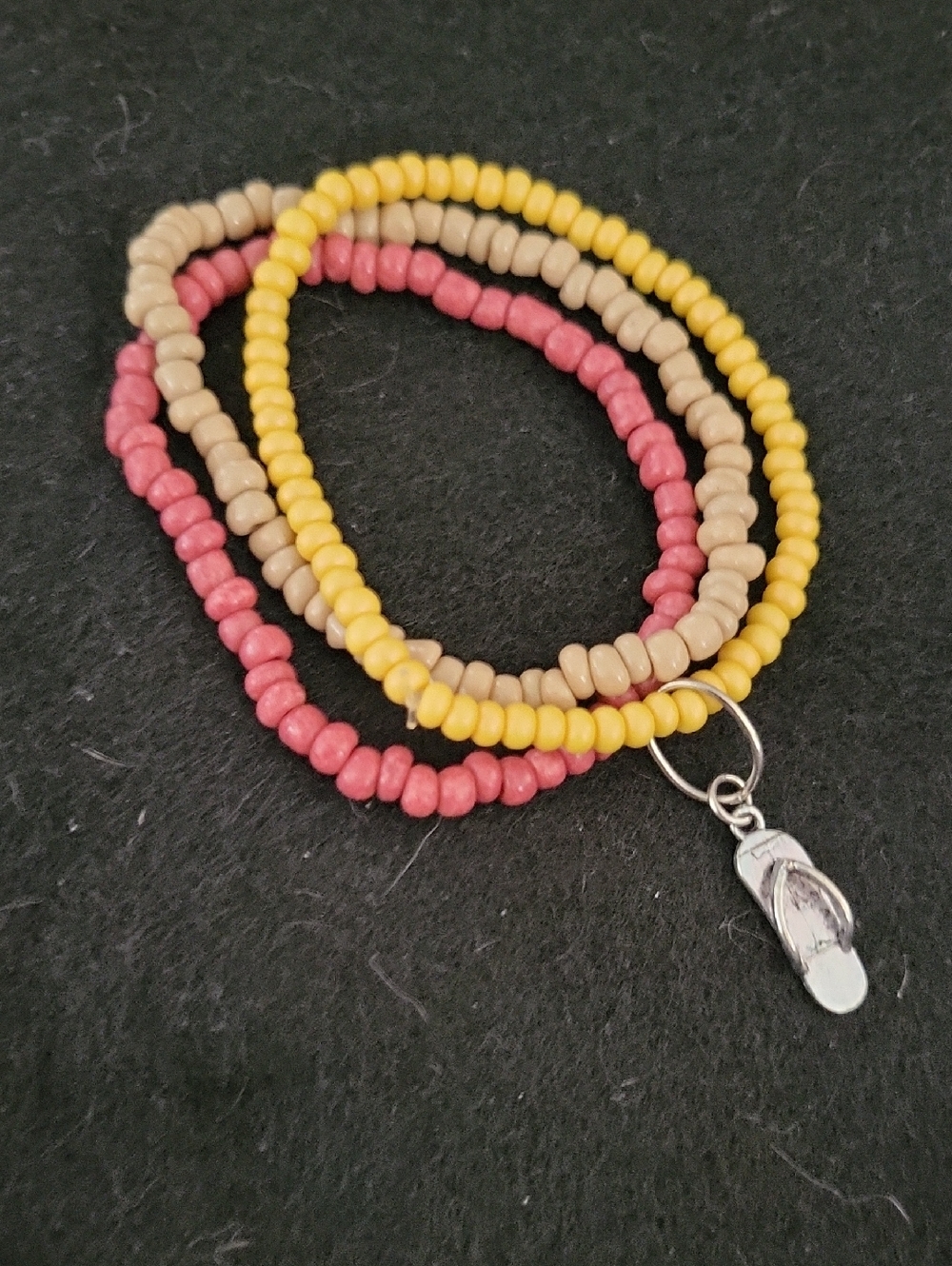 Source Unknown Yellow Pink Tan Beaded Stack Bracelets with Flip-Flop Charm